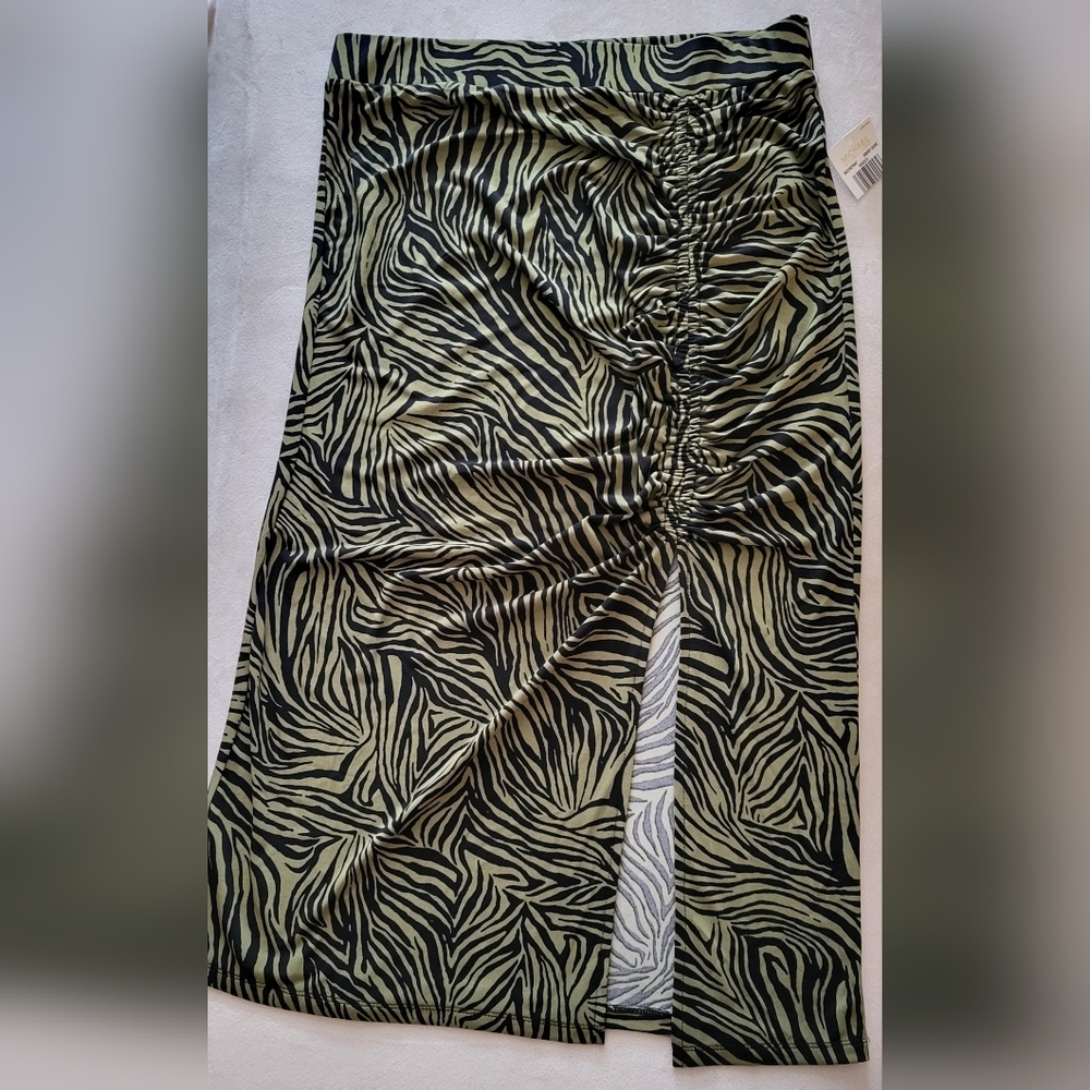 Michael Kors Olive & Black Zebra-Print Ruched Midi Skirt with Front Slit SK-503*